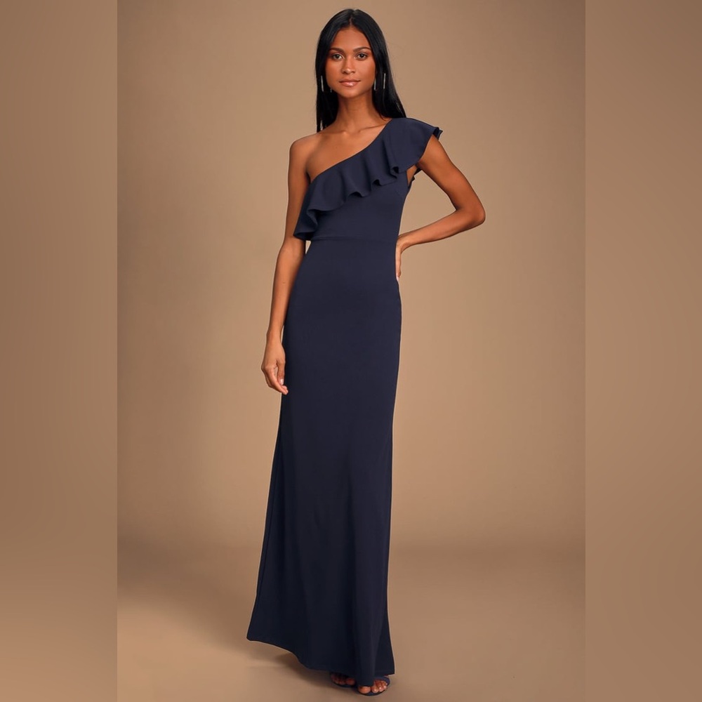 πͺ»LULUs Last Forever Navy Blue One-Shoulder Ruffle Maxi Dress SM. Excellent Cond!